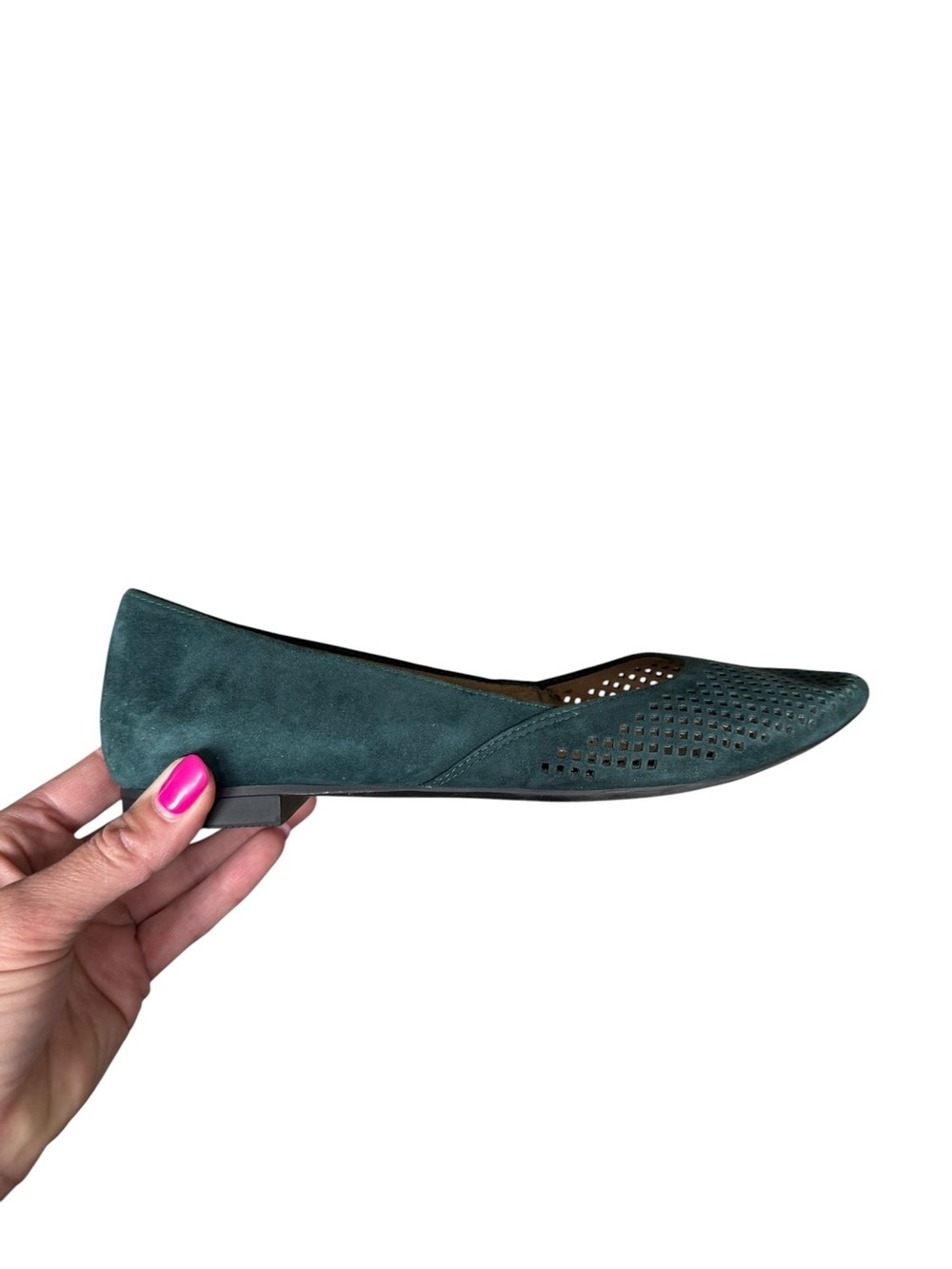 Vionic Teal Perforated Suede Flats Size 7.5 Orthotic Comfort Pointed Toe